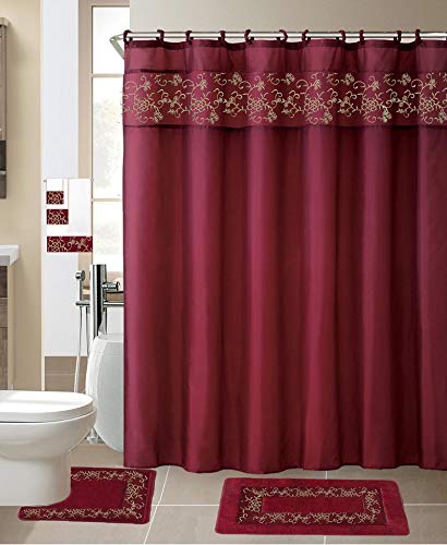 18 Pieces Shower Curtain with Matching Fabric Hook, Embroidery Bath Mat