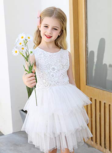 Qmislg Girls Lace Dresses Backless Dress Flower Lace Tutu Tulle A-Line Dress White