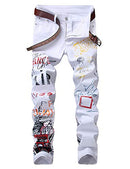 Men 's Casual Straight Slim Fit Printed Jeans Novelty Pants White, 30
