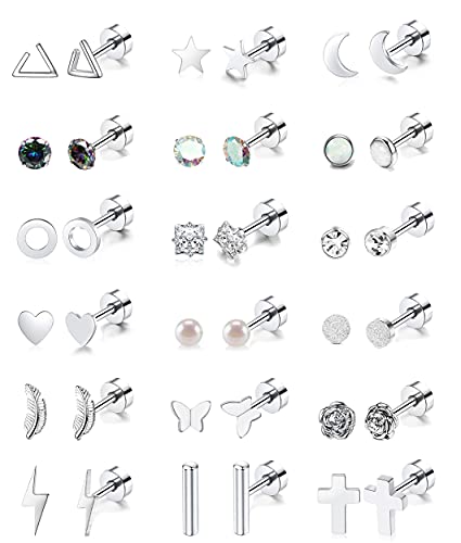 18 Pairs Cartilage Stud Earrings Set for Women Men Star Triangle Moon Heart Disc Ball CZ Small Stainless Steel Stud Earrings Geometric Barbell Flatback Earrings Piercing Set (Silver)