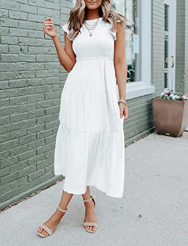 Women's Casual Short Sleeve Elastic Waist Tiered Midi Dress