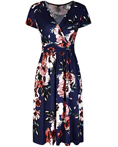 Women's Summer Short Sleeve V-Neck Pattern Knee Length Dress