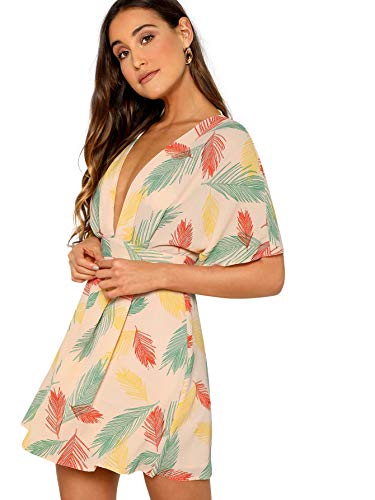 Women's Deep V Neck Tie Open Back Tropical Short Dress