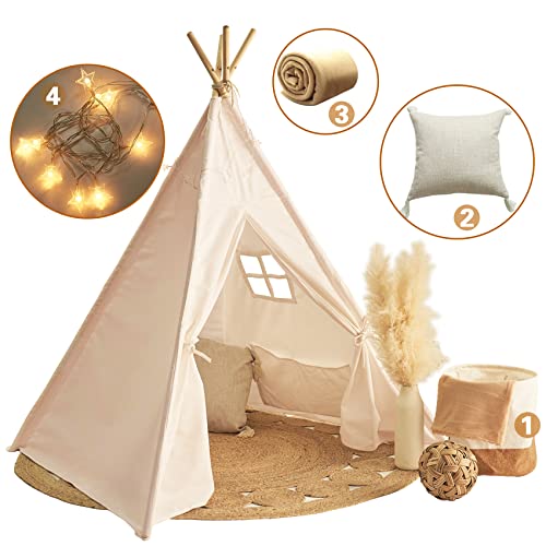 Kids Foldable Tent with Pillow, Banner, Fairy Lights, Blanket and Basket