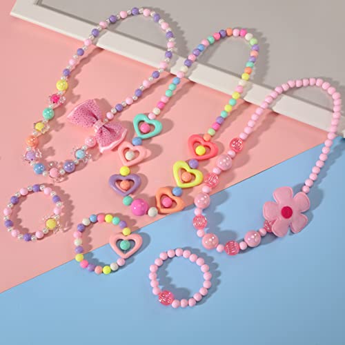 Beaded Necklace and Beads Bracelet for Kids, 6 Sets