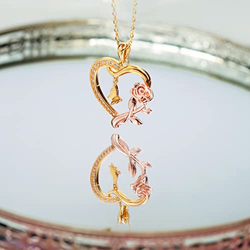Heart Butterfly Rose Necklace 14k Gold Plated Pendant