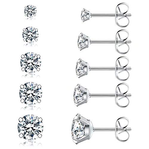 5 Pairs Stud Earrings Set, Hypoallergenic Cubic Zirconia 316L Earrings Stainless