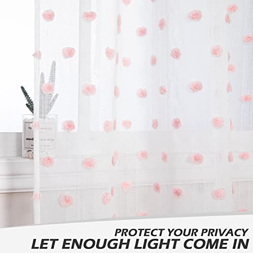 Pink Pom Pom Sheer Curtains for Bedroom Light Filtering Semi-Sheer Curtains for Nursery