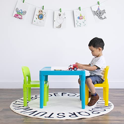 Aqua Table & Green/Yellow Kids Lightweight Plastic Table and 2 Chairs Set, Square, Toddler