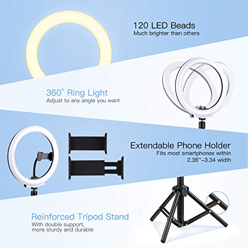 AGPTEK 10” Selfie Ring Light with 54”Tripod Stand & 2 Phone Holders,