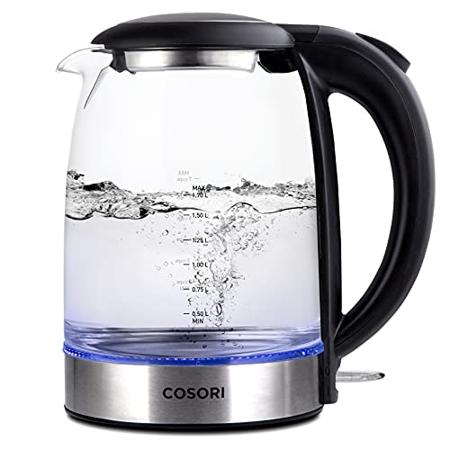Electric Kettle with Stainless Steel Filter and Inner Lid, 1500W Wide Opening 1.7L Glass tea