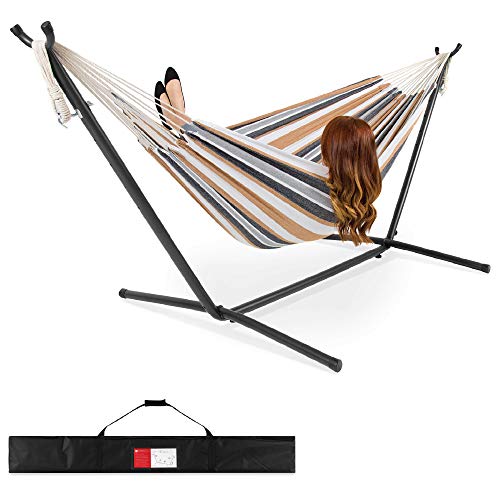 Best Choice Products 2-Person Indoor Outdoor Brazilian-Style Cotton Double Hammock Bed w/Carrying Bag, Steel Stand, Desert Stripes