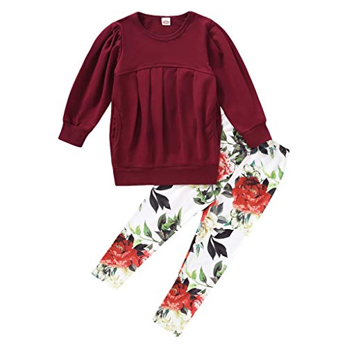 Toddler Baby Girl Leopard Clothes Long Sleeve Pullover Crew Neck Top Sweatshirt Pants Casual Winter Spring Outfits(Wine Red, 1-2T)