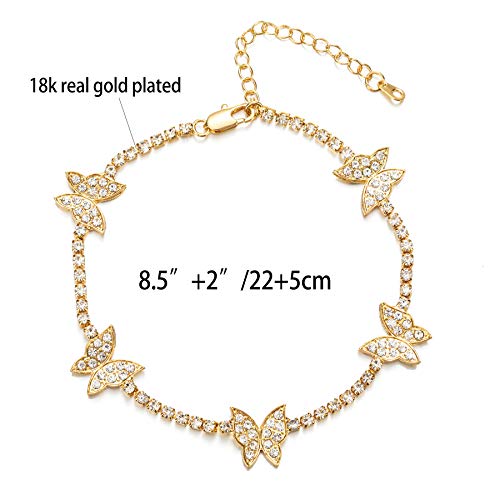 Butterfly Anklet Bracelet for Women Teen Girls, Real Gold Plated