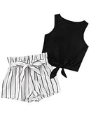 Girl's 2 Piece Outfit Tie Knot Tank Tops and Striped Paperbag Waist Shorts