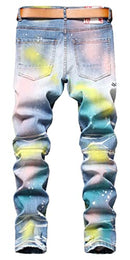 Men's Casual Color Printed Ripped Distressed Jeans Skinny Denim Pants
