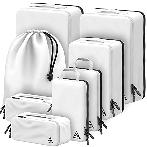 8 Piece Deluxe Set Compression Packing Cubes for Travel with HybridMax Double Capacity