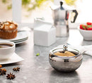 Stainless Steel Sugar Bowl with Lid and Spoon, Serving Dish, Clear Glass Lid, Storage