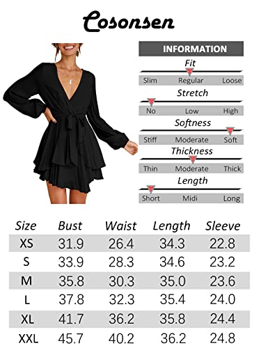 Womens Skater Dress Deep V-Neck Lantern Sleeve Tie Waist Ruffle Mini Dress Black L