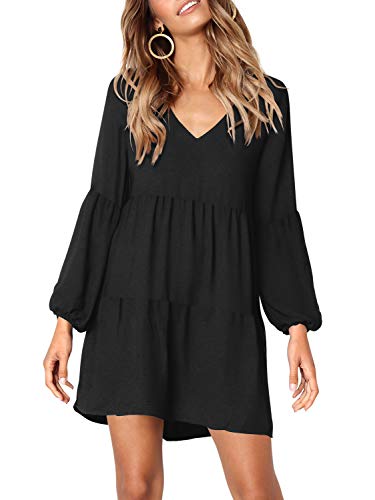 Women's Deep V Neck Loose Shift Pleated Tunic Dress Long Sleeves Black S