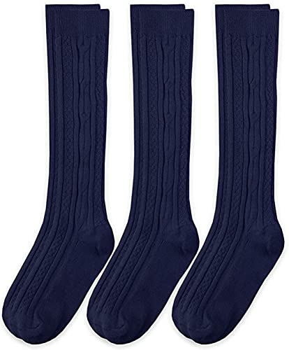 Girls 7-16 School Uniform Acrylic Cable Knee High 3 Pair Pack, Navy, Large