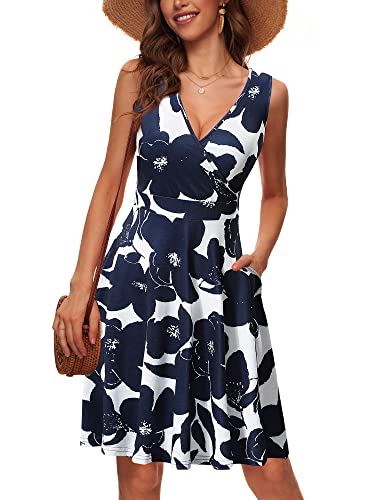 Womens Navy Dress Deep V Neck Wrap Floral Sleeveless Summer Midi Sundress