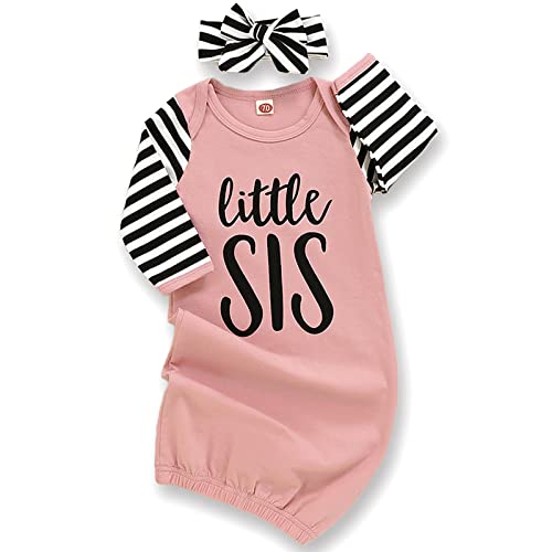 Newborn Baby Girl Little Sister Sleeper Gown Stripe Long Sleeve Nightgown Outfit