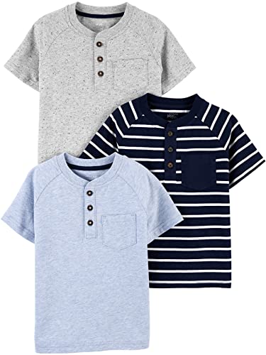 Carter's Boys' Short-Sleeve Pocket Henley Tee Shirt, Pack of 3, Grey Heather/Blue Heather/Navy