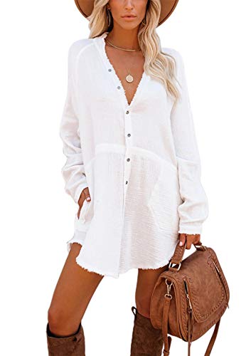 Women's Long Sleeve Button Down Tunic Dresses with Pockets,L,White