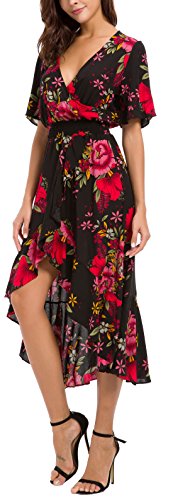 Womens Short Sleeve Floral High Low V-Neck Flowy Party Long Maxi Dress