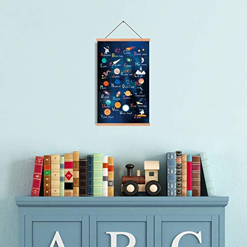 Outer Space Art Print With Wood Magnetic Poster Hanger Frame, Alphabet Decor