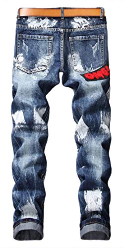 Men's Casual Straight Slim Paint Printed Jeans with Patches, Blue896, 30
