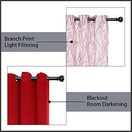 Mix and Match Curtains - 2 Pieces Branch Print Sheer Curtains and 2 Pieces Blackout