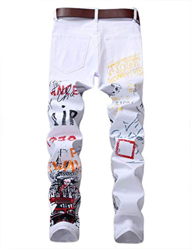 Men 's Casual Straight Slim Fit Printed Jeans Novelty Pants White, 30