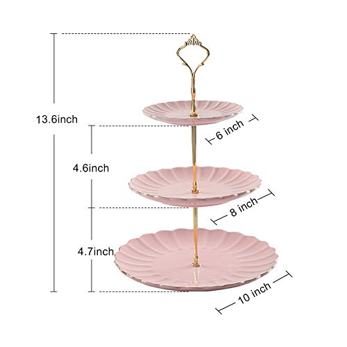 3 Tier Ceramic Cake Stand Wedding, Dessert Cupcake Stand for Tea Party Serving Platter (Pink)