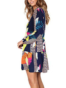Women's V Neck Bishop Sleeves Soft Loose Tunic Fall Dress Geometry M