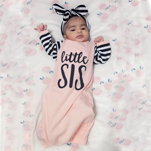 Newborn Baby Girl Little Sister Sleeper Gown Stripe Long Sleeve Nightgown Outfit