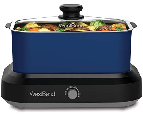 West Bend 87905B Large Capacity Non-stick Dishwasher Safe Variable Temperature Control Includes Travel Lid & Thermal Carrying Case, 5 quart, Blue