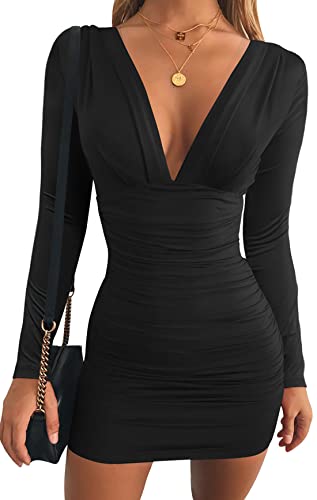 Women's Sexy Long Sleeve V Neck Ruched Bodycon Mini Party Cocktail Dress Black