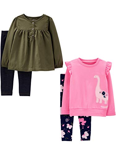 Toddler Girls' 4-Piece Long-Sleeve Shirts and Pants Playwear Set, Olive/Pink, Dinosaur, 3T