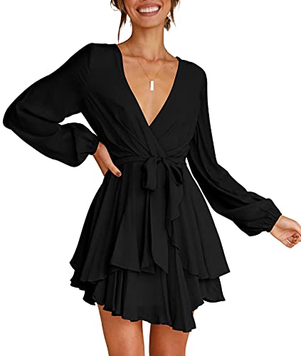 Womens Skater Dress Deep V-Neck Lantern Sleeve Tie Waist Ruffle Mini Dress Black L