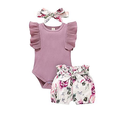 Baby Girl Clothes Infant Summer Outfits Set Ruffle Sleeve Romper and Floral Shorts with Headband (Sleeveless Purple, 90, 12_months)