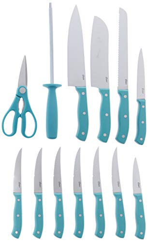 Oster Evansville 14 Piece Cutlery Set, Stainless Steel with Turquoise Handles -