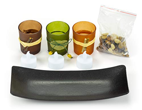 Natural Candlescape Set, 3 Decorative Candle Holders, Rocks and Tray