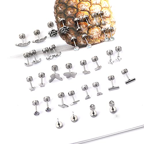 18 Pairs Cartilage Stud Earrings Set for Women Men Star Triangle Moon Heart Disc Ball CZ Small Stainless Steel Stud Earrings Geometric Barbell Flatback Earrings Piercing Set (Silver)