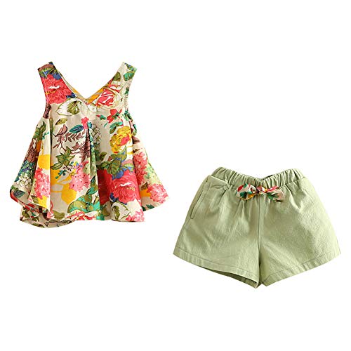 Little Girl Outfit Holiday Clothes Set Shorts and Tops Floral Cute Green 5T