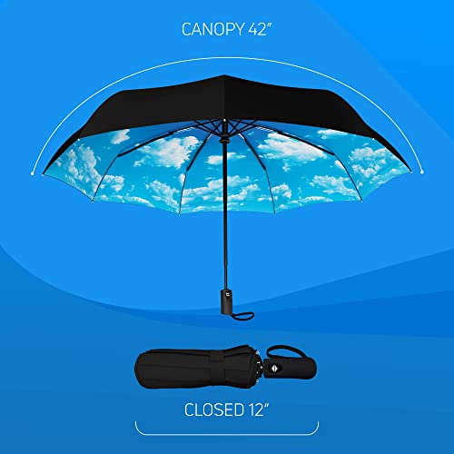 Rain-Mate Compact Travel Umbrella - Pocket Portable Folding Windproof Mini Umbrella - Auto Open and Close Button and 9 Rib Reinforced Canopy (Blue Sky)