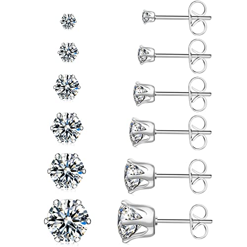 Cubic Zirconia Earrings Studs for Women, 6 Pairs Hypoallergenic 316L Stainless Steel Stud