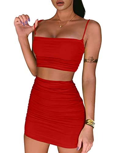 Women's Ruched Cami Crop Top Bodycon Skirt 2 Piece Outfits Dress Red