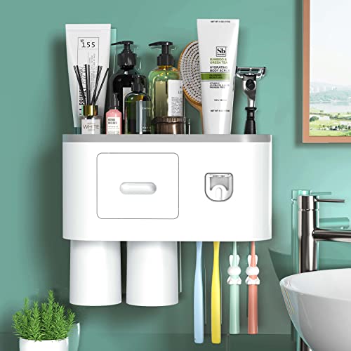 Toothbrush Holder Wall Mounted, Automatic Toothpaste Dispenser Squeezer Kit -Magnetic